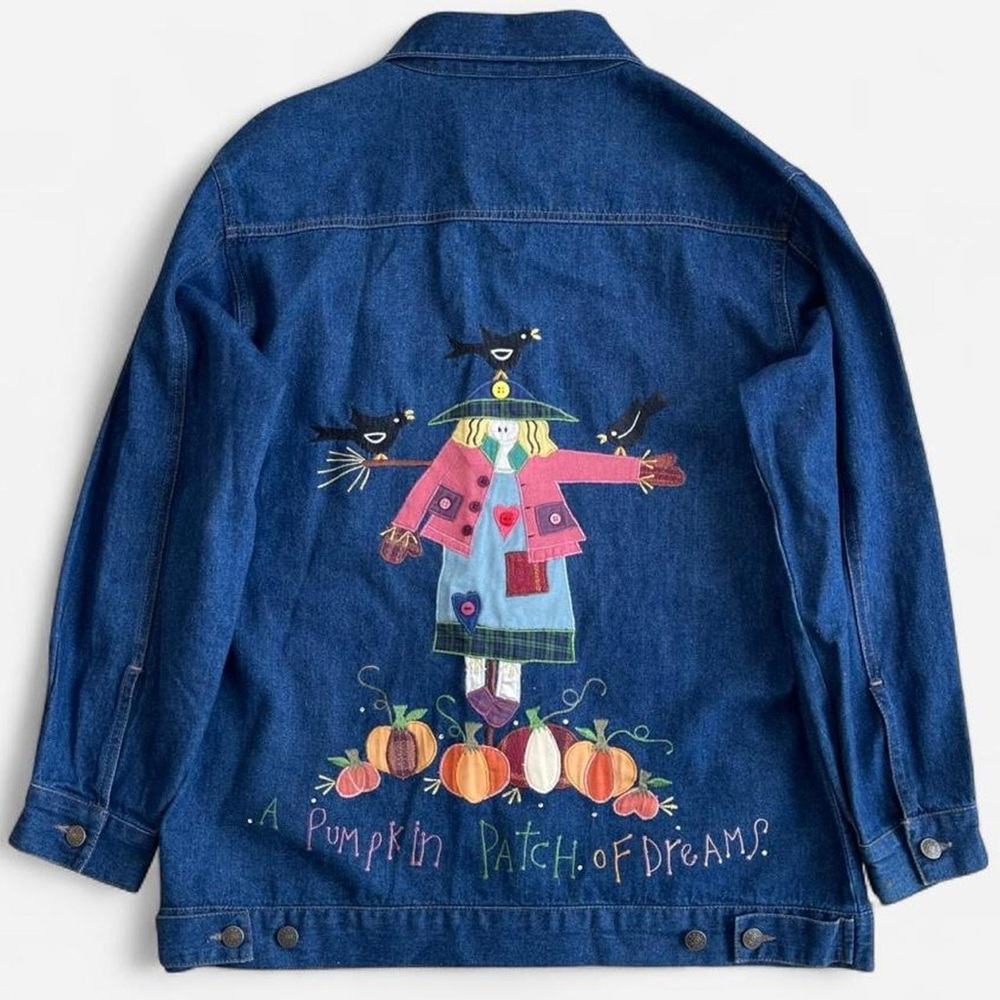 Vintage Quacker Factory Embroidered Denim Halloween Scarecrow Pumpkin Jacket - Picture 2 of 10